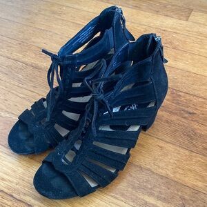 Black Suede Saletto Heels with Strap & Tie detailing